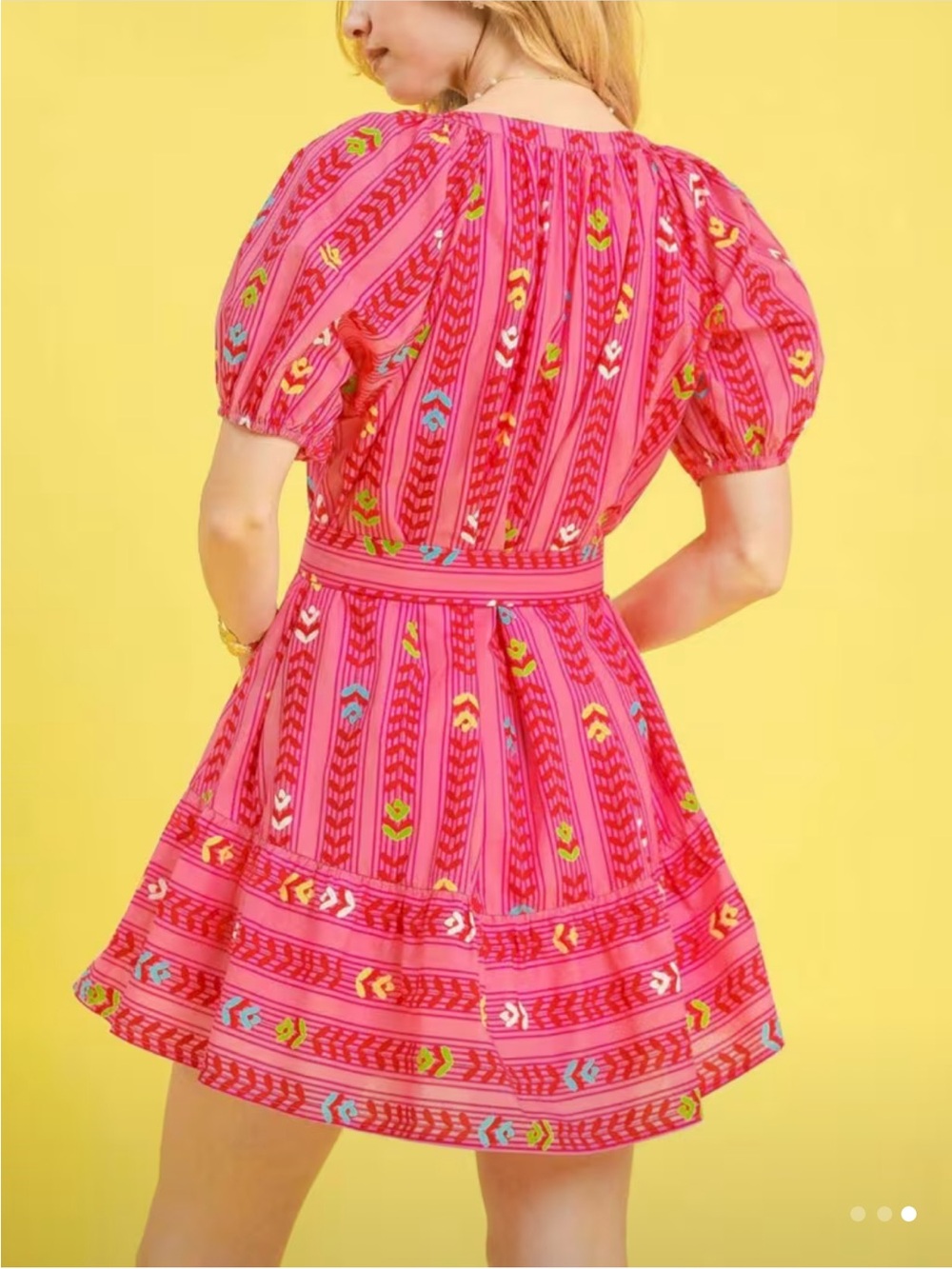 Umgee Hot Pink Geometric Boho Mini Dress with Tie Waist - Picture 2 of 7